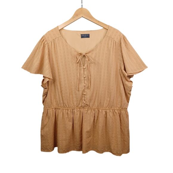 Lane Bryant Women Boho Tie Neck Top Plus Sz 20 Mustard Clip Dot Peplum Coquette - Picture 1 of 11